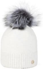 Witte warm gebreide wintermuts met zwarte en grijze hoogwaardige faux fur pompom.