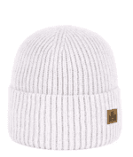 White knitted hat with leather tag, perfect for outdoor fun.
