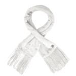 Kledingaccessoire: witte fleece sjaal met franjes, comfortabel en warm voor buitengebruik.