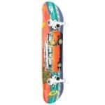 Skateboard coloré avec bus vintage et ambiance tropicale.