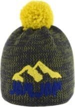 Warme, gestrickte Wintermütze mit Bommel und Markenlogo für Outdoor-Aktivitäten.