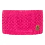 Headband made of pink knitted material for outdoor activities and sports.