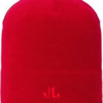 Red beanie hat with JL logo for outdoor sports and casual wear.