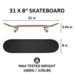 Planche à roulettes de 31 pouces avec poignée antidérapante noire et roues en plastique pour le skateboard et les figures.