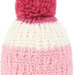 Donkerroze en wit gebreide wollen muts met pompon en tekst "Baby Girl".