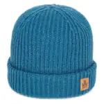 Warm blue knitted hat with rolled brim and leather label.
