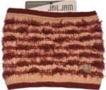Warm gebreide skibril met rode en beige kleuren voor outdoor winteractiviteiten.