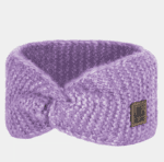 Warm purple knitted headband for outdoor winter activities.