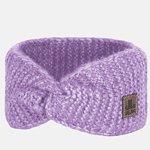 Warm purple knitted headband for outdoor winter activities.