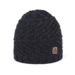 Knitted winter pet hat in black with leather logo detail.