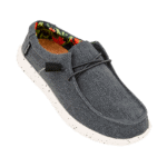 Comfortable outdoor casual shoe, dark grey with white sole and colourful inner lining.