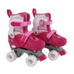 Patins à roulettes pour enfants, de couleur rose, avec sangles réglables et détails blancs, pour s'amuser en plein air.