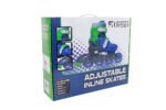 Colourful adjustable outdoor inline skates, suitable for recreational use.