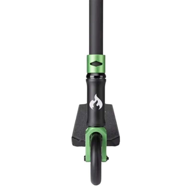 Colourful stunt scooter with black and green design, perfect for outdoor fun.