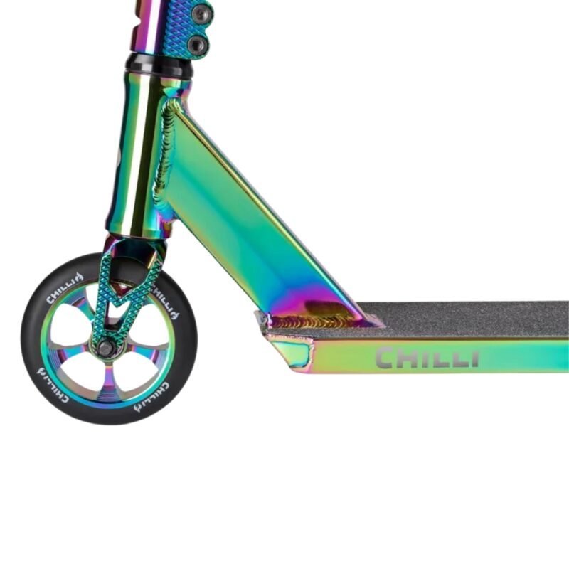 Glittery BMX skateboard with iridescent finish and fluffy wheels.