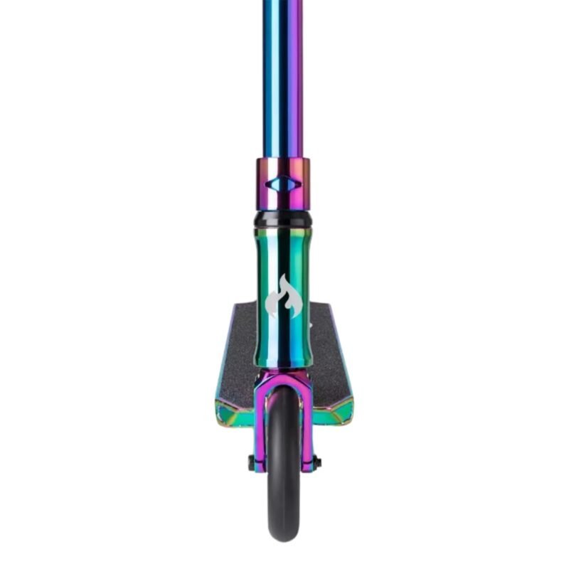 Colourful stunt scooter with iridescent finish and black wheels for outdoor fun.