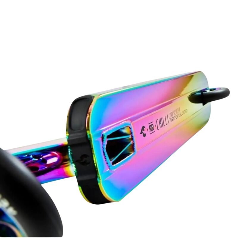 Glossy holographic inline skate with black wheels and logo detail.