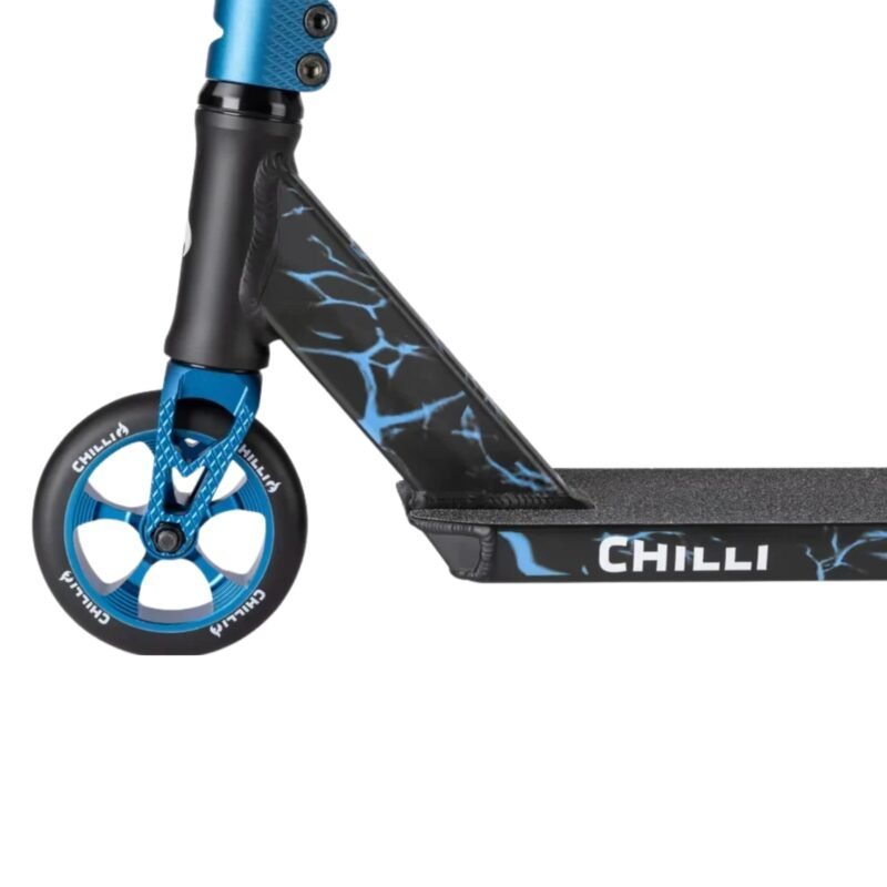 Blue kick scooter with black and blue details, ideal outdoor fun for kids.