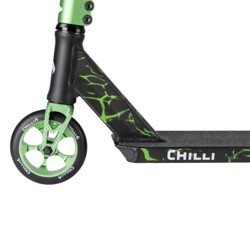 Light green and black kick scooter with eye-catching Chilli print for outdoor fun.
