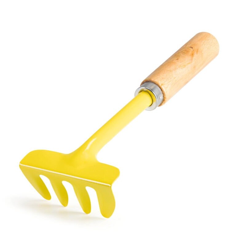 Outils de jardinage pour enfants râteau jaune avec manche en bois pour le jeu en plein air.