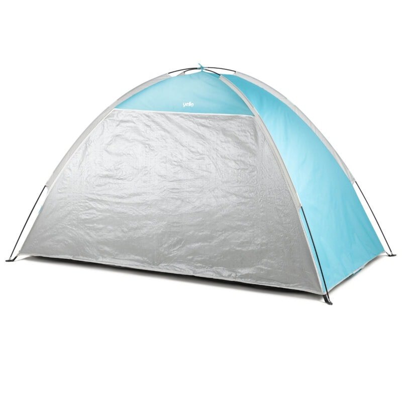 Farbenfrohes Pop-up-Campingzelt mit blauen und silbernen Stoffen für Outdoor-Camping.