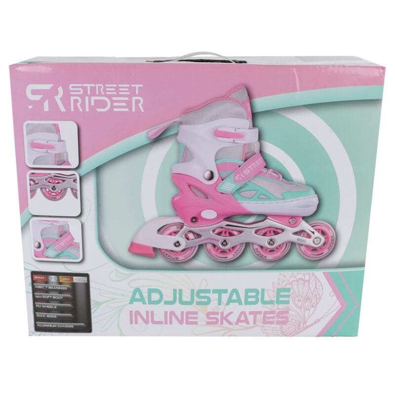 Pink children's speed inline skates with adjustable hallmark.