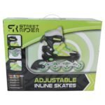 Patins à roulettes en plastique vert et noir pour adultes, avec taille ajustable et ajustement confortable.