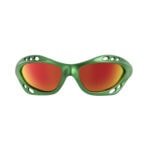 Colourful green skateboard glasses with orange-yellow mirrored lenses for outdoor activities.