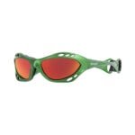 Colourful children's sports glasses with green housing and red mirrored lenses for outdoor activities.