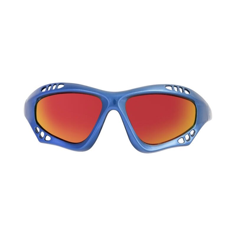 Colourful sports glasses with blue frame and orange-tinted mirror lenses.