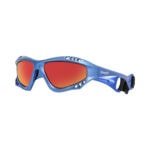 Children's sunglasses with blue frames and reduced lenses for outdoor activity.