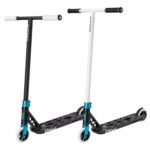 Stunt scooter for children and adults with black and white design, ideal for outdoor use.