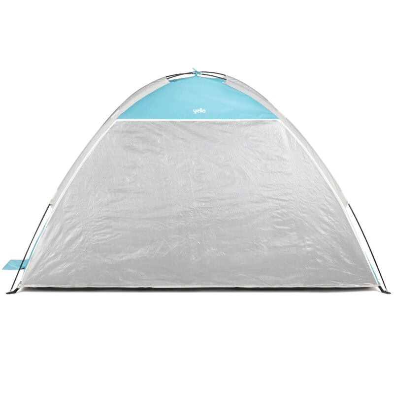 Ein leichtes Pop-up-Strandzelt in Weiß und Blau für Spaß im Freien.