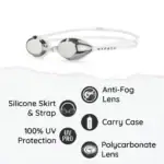 Osprey zwembril met anti-fog lens en UV-bescherming, inclusief siliconen hoofdband en draagbare case.