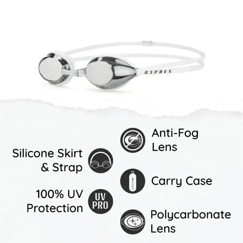 Lunettes de natation Osprey avec lentille antibuée et protection UV, y compris bandeau en silicone et étui portable.