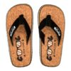 Cork flip-flops with black strap for outdoor use and relaxation.