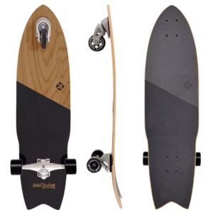 Flexible skateboard with wooden deck and sturdy wheels for outdoor riding.