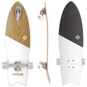 Skateboard with wooden overlays and white wheels, suitable for street surfing and outdoor sports.