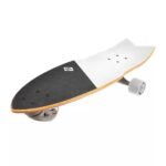 Divisible skateboard with black and white grip tape, suitable for outdoor fun.