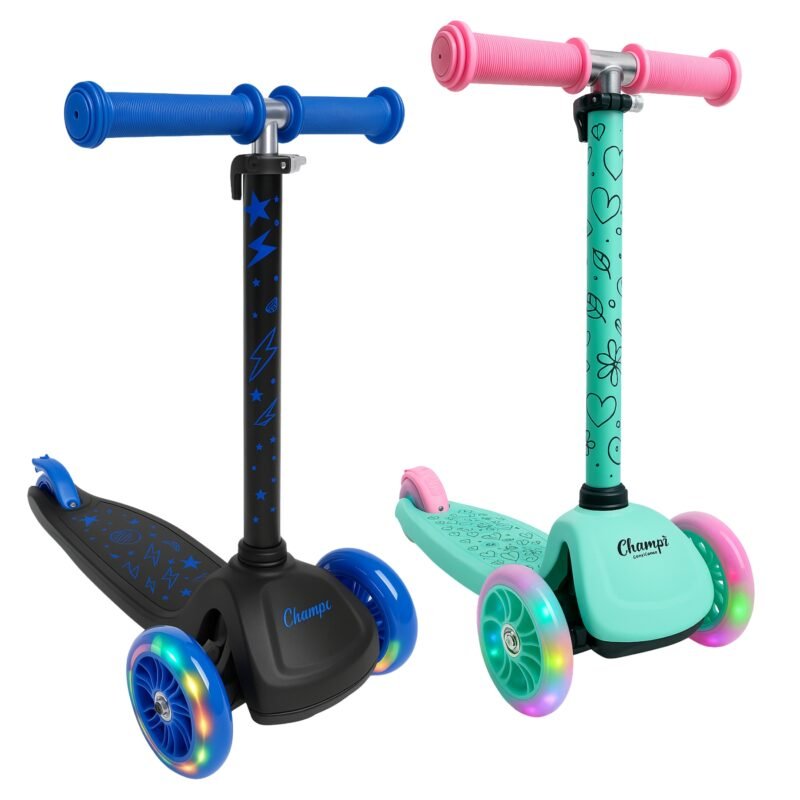 Champz 3-Wheeler Step - vert menthe et noir/bleu - scooter pour enfants avec roues LED et guidon réglable (53-72 cm), adapté aux enfants de 3 à 10 ans