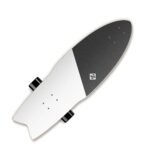 Small skateboard with black and white design and wheels for outdoor fun.