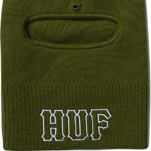 Olivgrüner Skianzug mit Gesichtsschnitt und CHUF-Logo für Outdoor- und Winterbekleidung.