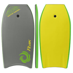 Wave Rebel Peak bodyboard grijs, productweergave met neutrale kleurstelling en modelnaam Peak zichtbaar